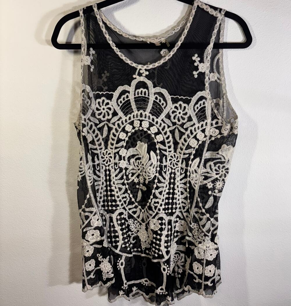 Capri Sheer Black Mesh Lace Embroidered Tank Top Medium Boho Floral